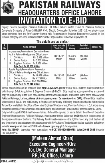 Pakistan Railways Lahore Tender Notice-1